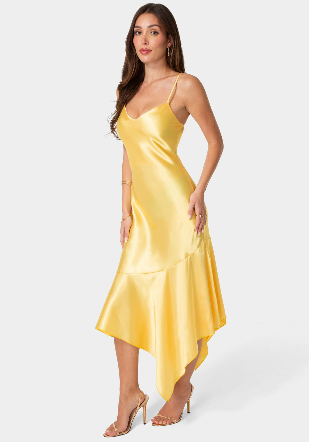 Side View-Satin V-Neck Hanky Maxi Dress-Yellow