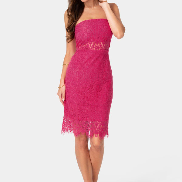 Front View-Lace Illusion Strapless Midi Dress-Fuchsia