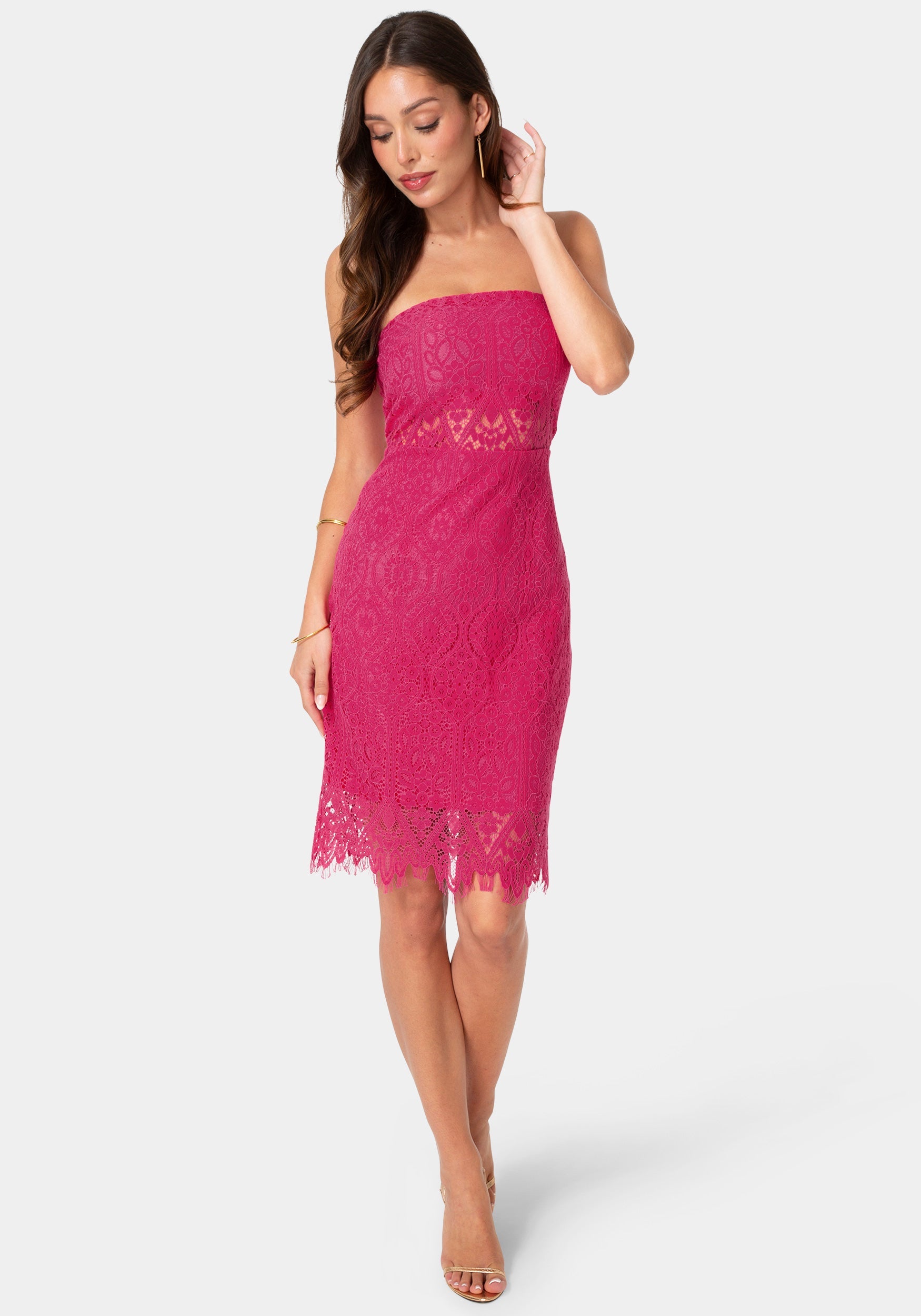 Bebe Women's Lace Illusion Strapless Midi Dress, Size Small in Pink Polyester/Cotton