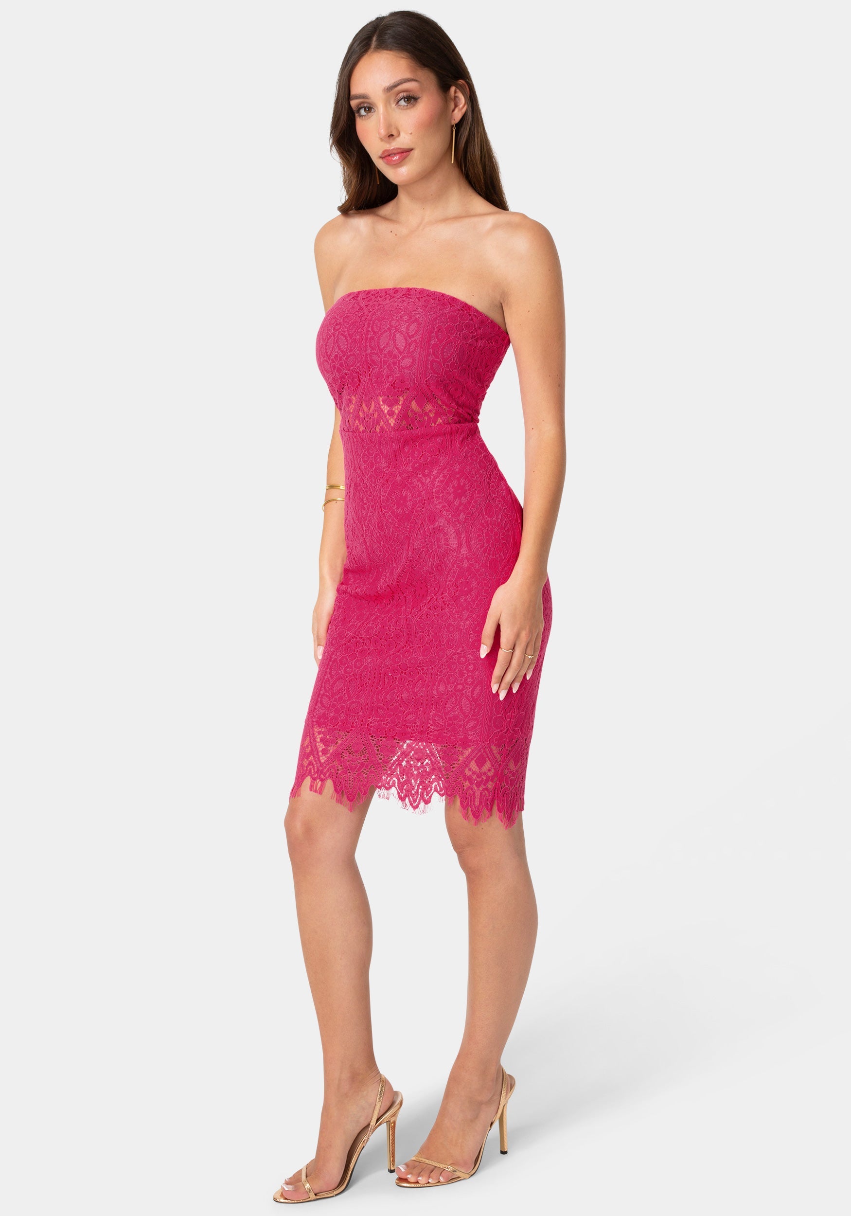 Side View-Lace Illusion Strapless Midi Dress-Fuchsia