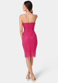 Back View-Lace Illusion Strapless Midi Dress-Fuchsia