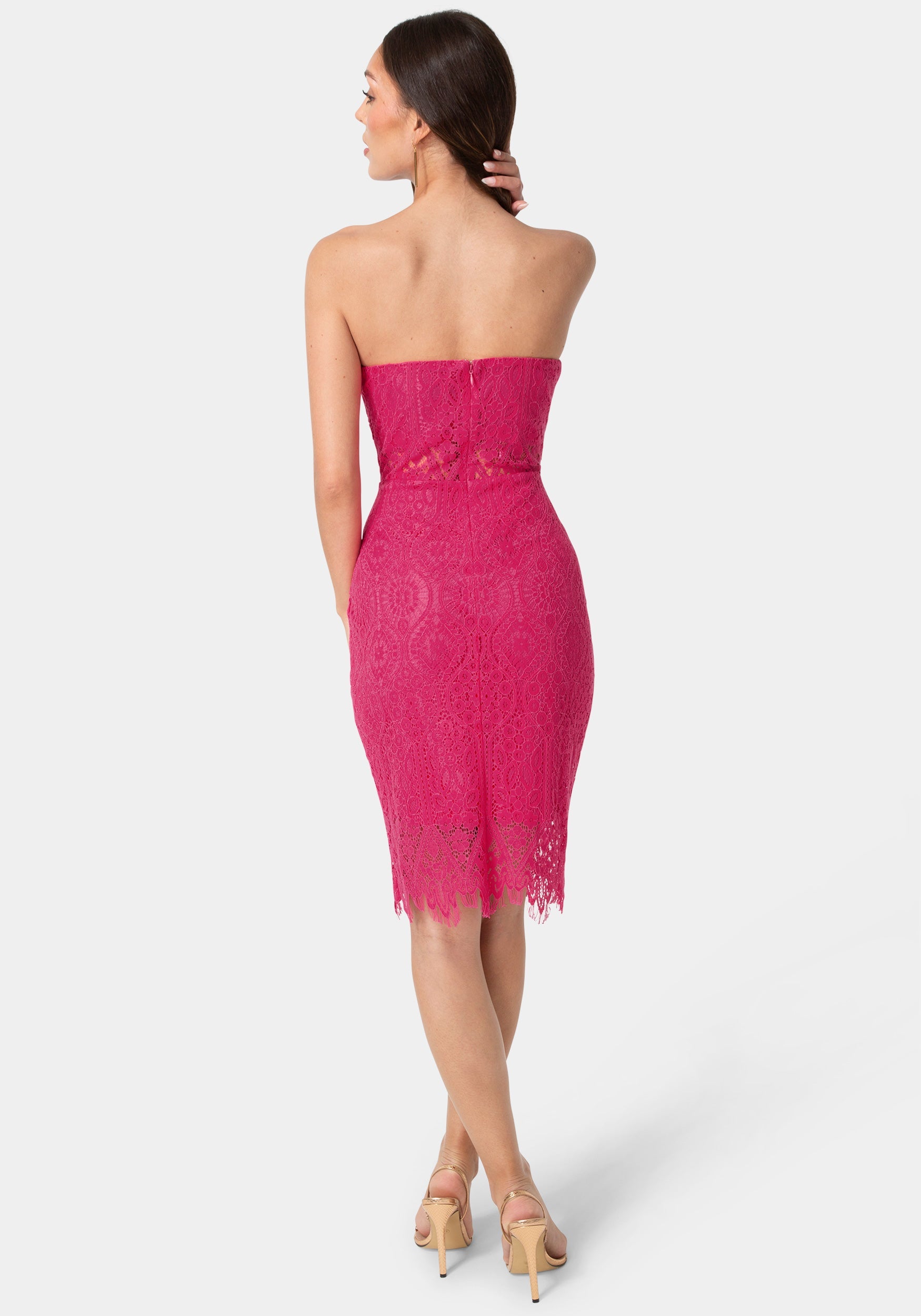 Back View-Lace Illusion Strapless Midi Dress-Fuchsia