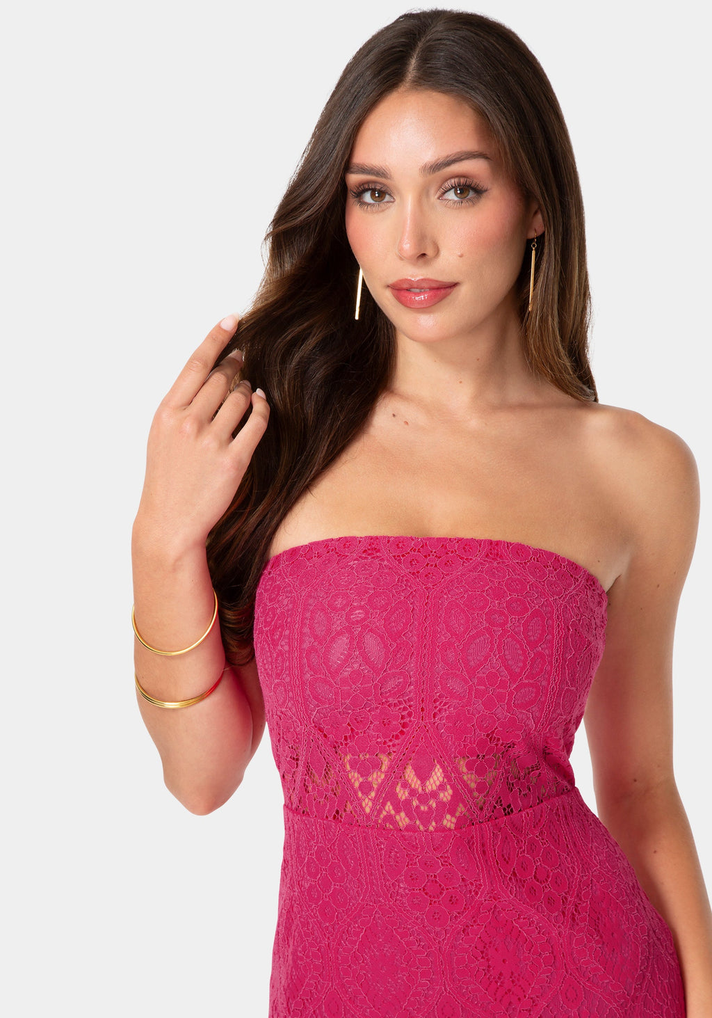 Lace Illusion Strapless Midi Dress – bebe