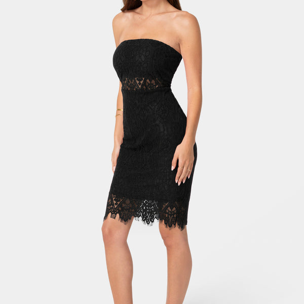 Front View - Black Lace strapless dress