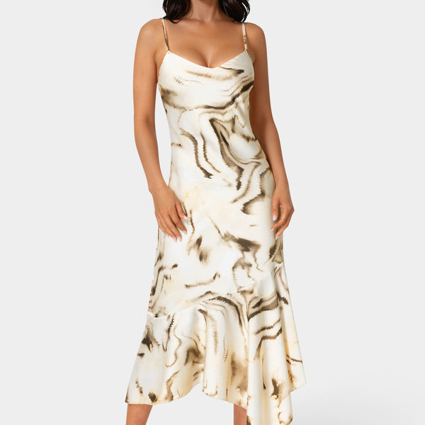 Front View-Printed Satin V-Neck Hanky Dress-Tan Multi