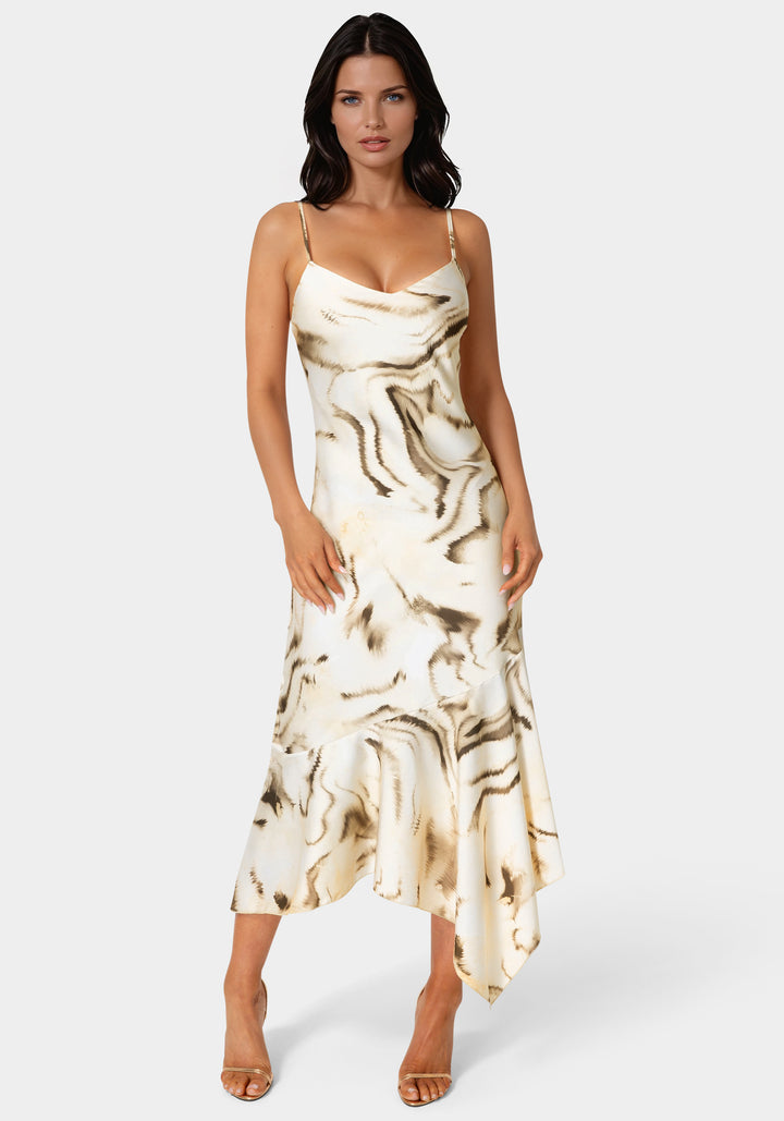 Front View-Printed Satin V-Neck Hanky Dress-Tan Multi