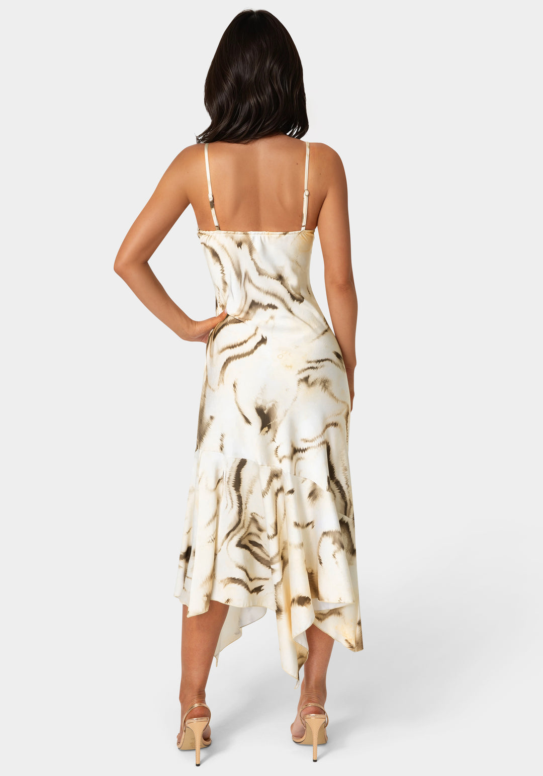Back View-Printed Satin V-Neck Hanky Dress-Tan Multi
