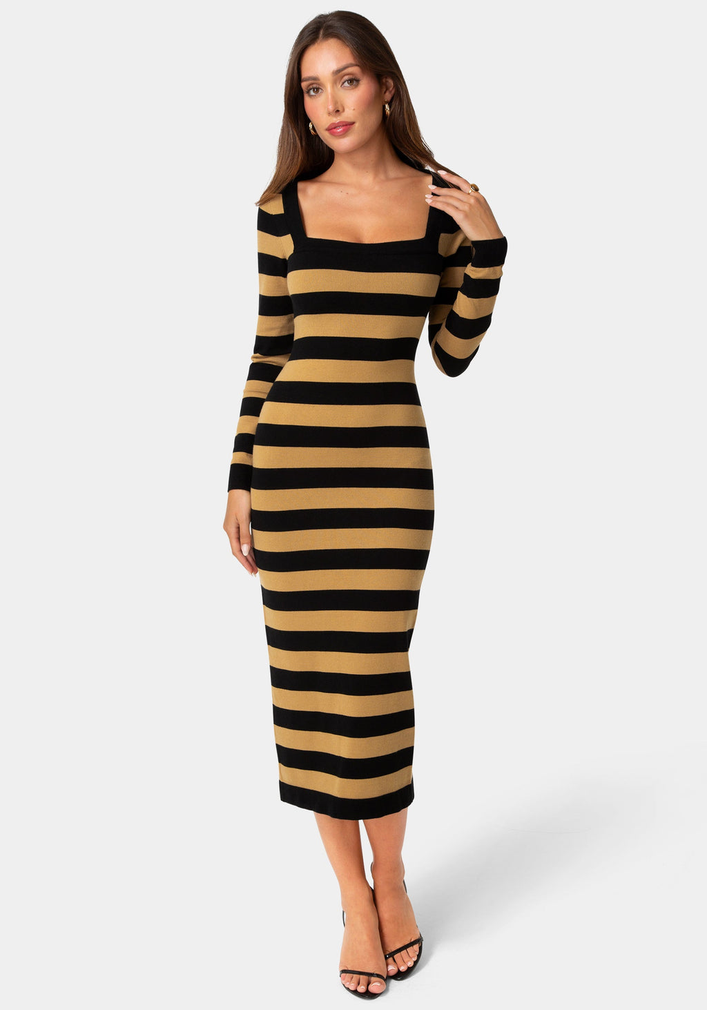 Front View-Stripe Sweater Cap Sleeve Maxi Dress-Black/Brown