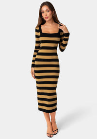 Front View-Stripe Sweater Cap Sleeve Maxi Dress-Black/Brown