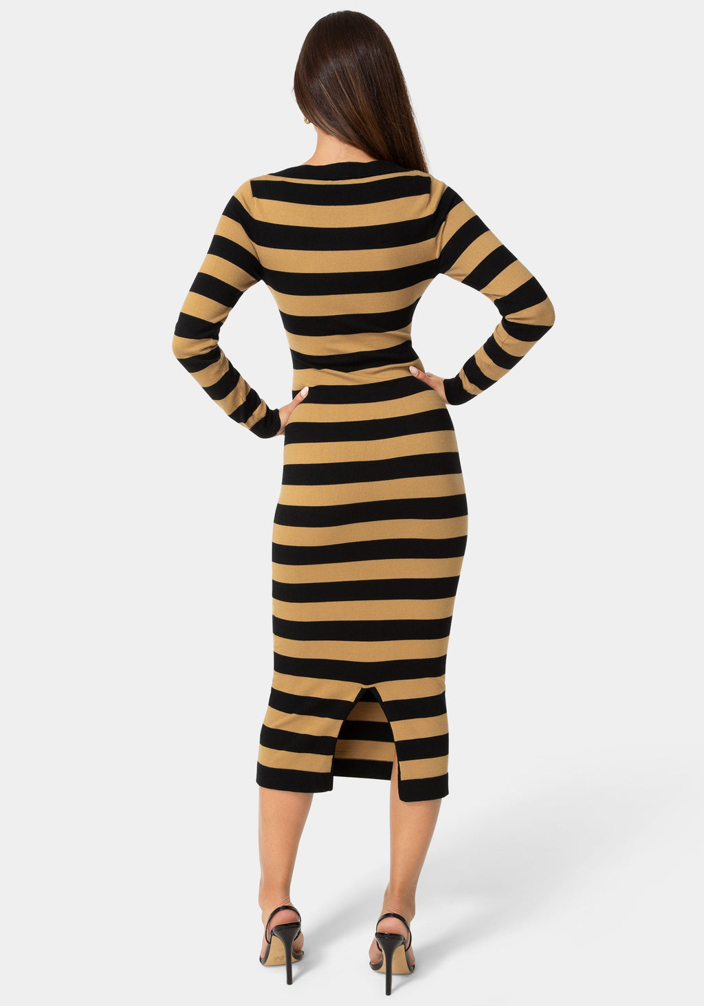 Back View-Stripe Sweater Cap Sleeve Maxi Dress-Black/Brown