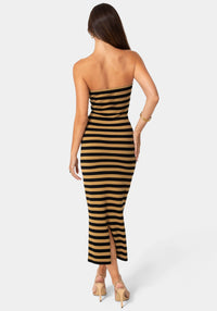 Back View-Stripe Strapless Tube Maxi Dress-Black/Brown