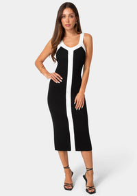 Front View-Colorblock Ribbed Sweater Tank Dress-Black White