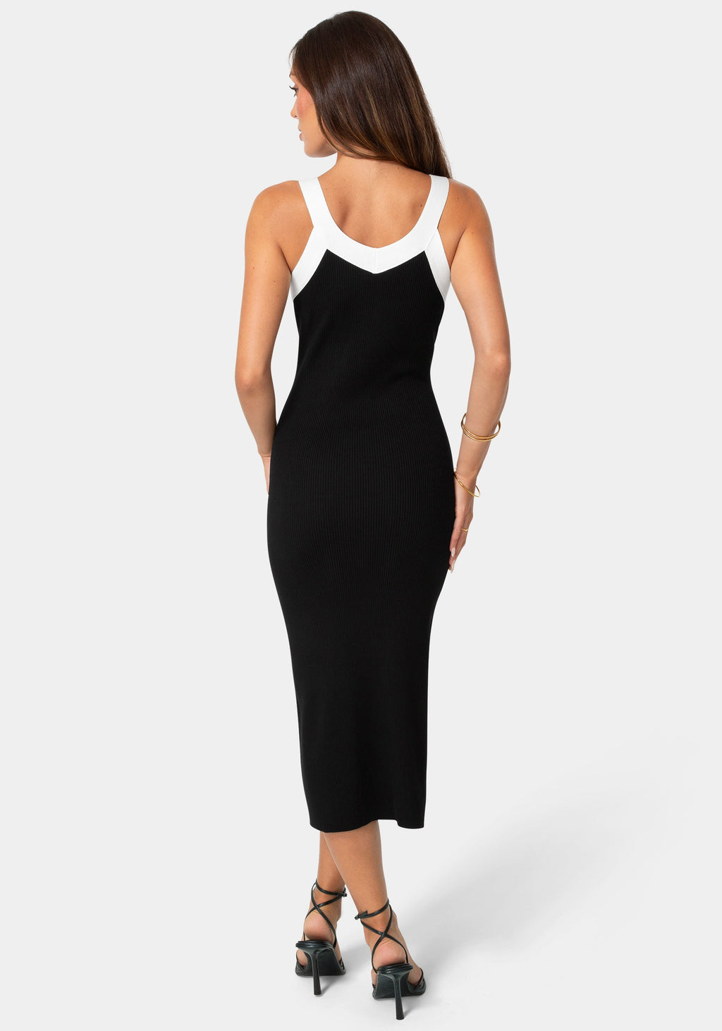 Back View-Colorblock Ribbed Sweater Tank Dress-Black White
