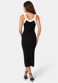 Back View-Colorblock Ribbed Sweater Tank Dress-Black White