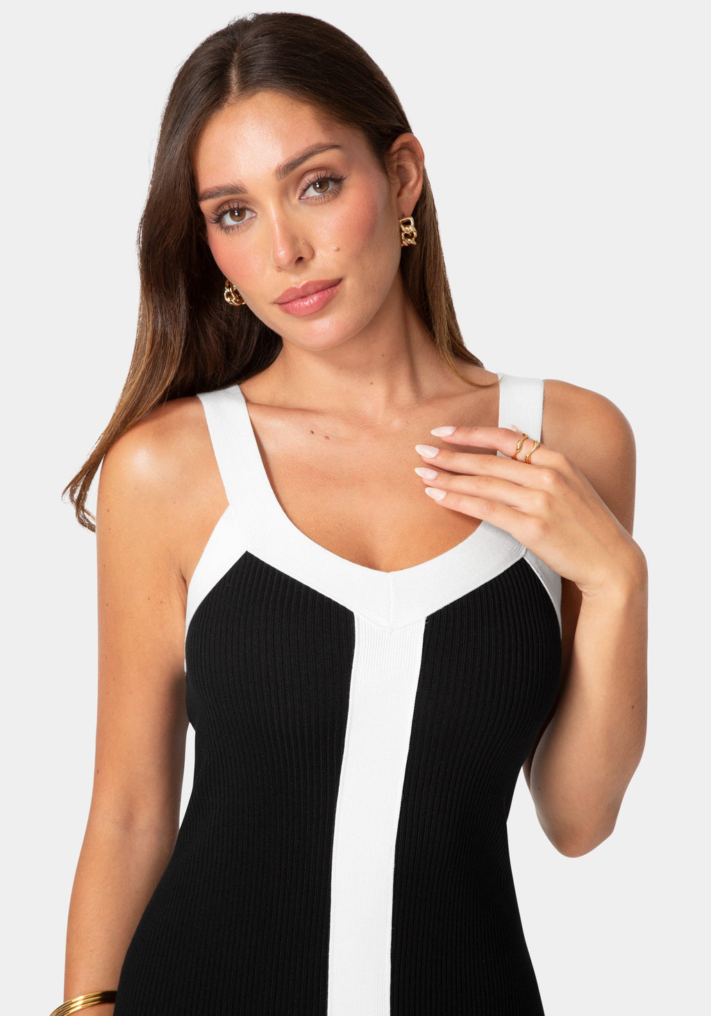 Detail View-Colorblock Ribbed Sweater Tank Dress-Black White