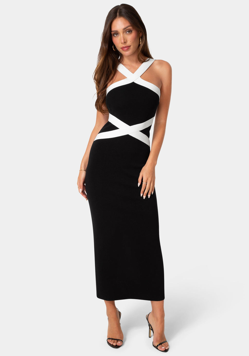 Bebe Women's Contrast Cross Waist Midi Dress, Size Small in Black White Viscose