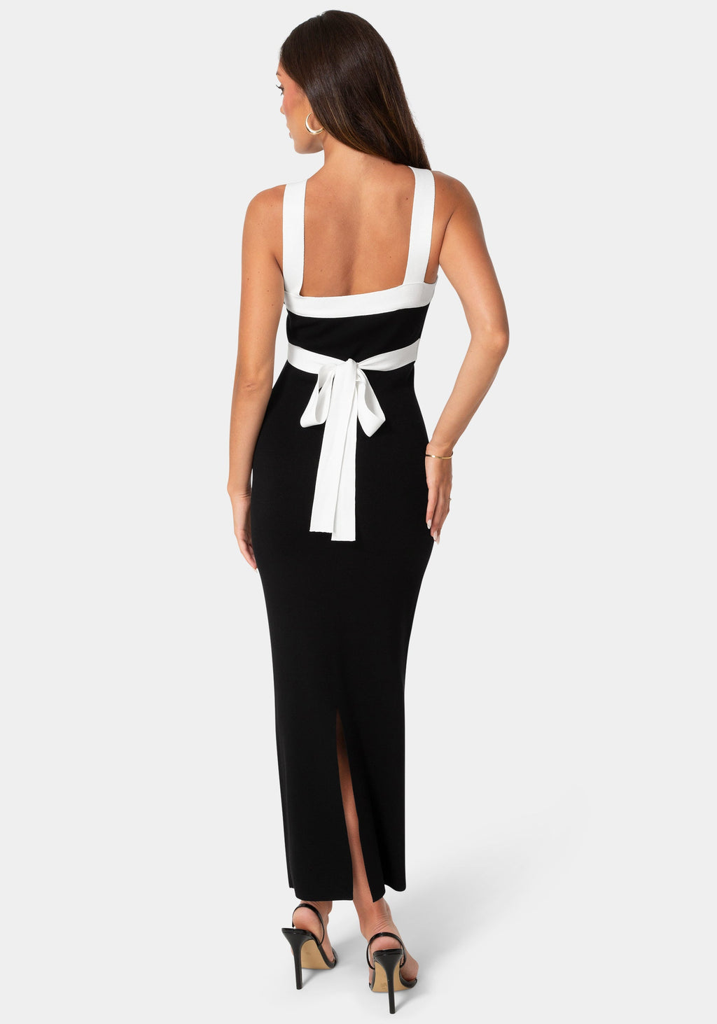 Back View-Contrast Cross Waist Midi Dress-Black White