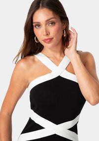 Detail View-Contrast Cross Waist Midi Dress-Black White