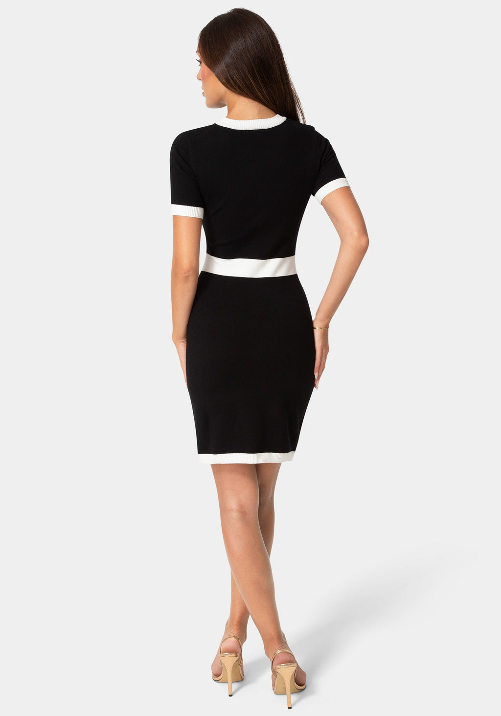 Back View-Short Sleeve Button Detail Sweater Dress-Black White