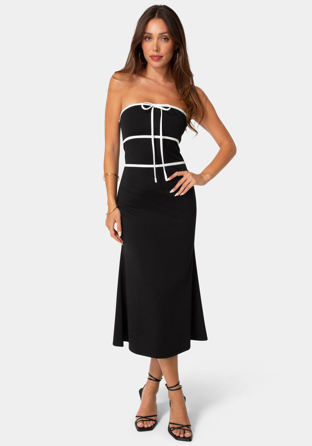 Front View-Strapless Tie Detail Midi Flutter Dress-Black White