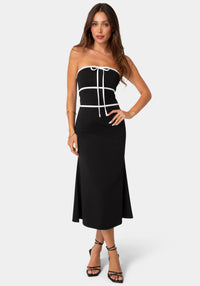 Front View-Strapless Tie Detail Midi Flutter Dress-Black White