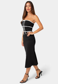 Side View-Strapless Tie Detail Midi Flutter Dress-Black White