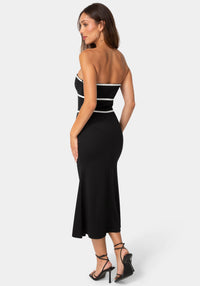 Back View-Strapless Tie Detail Midi Flutter Dress-Black White