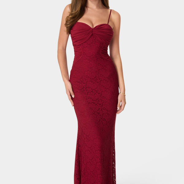 Front View-Lace Ruched BodyCon Maxi Dress-Wine