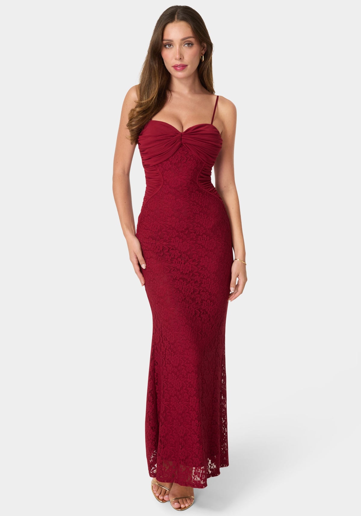 Front View-Lace Ruched BodyCon Maxi Dress-Wine