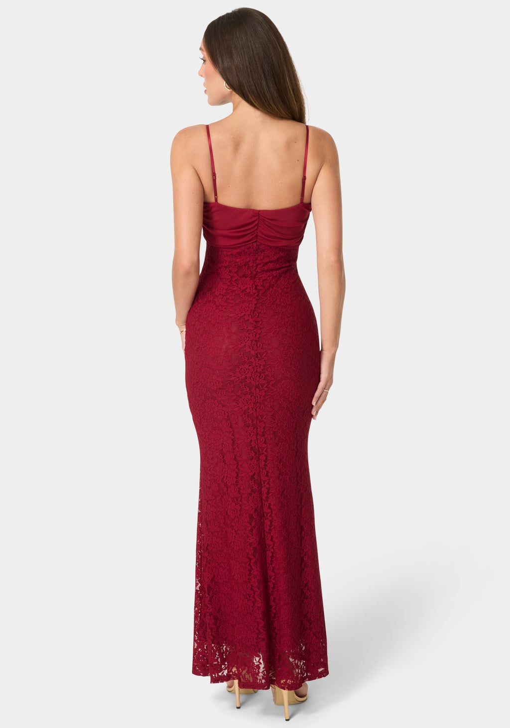 Back View-Lace Ruched BodyCon Maxi Dress-Wine