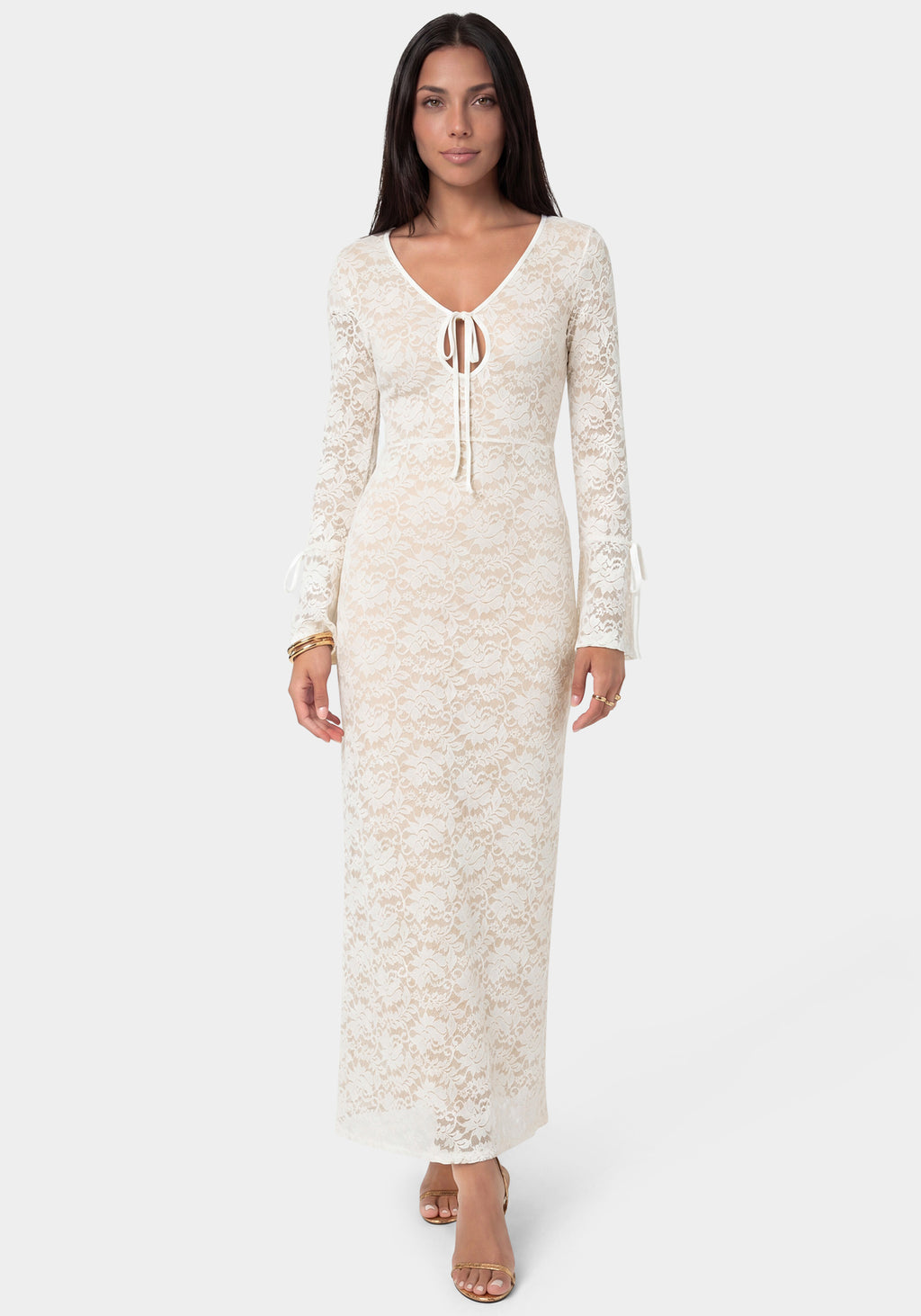 Bebe Women's Lace Keyhhole Long Sleeve Midi Dress, Size Medium in Nude White Spandex/Nylon