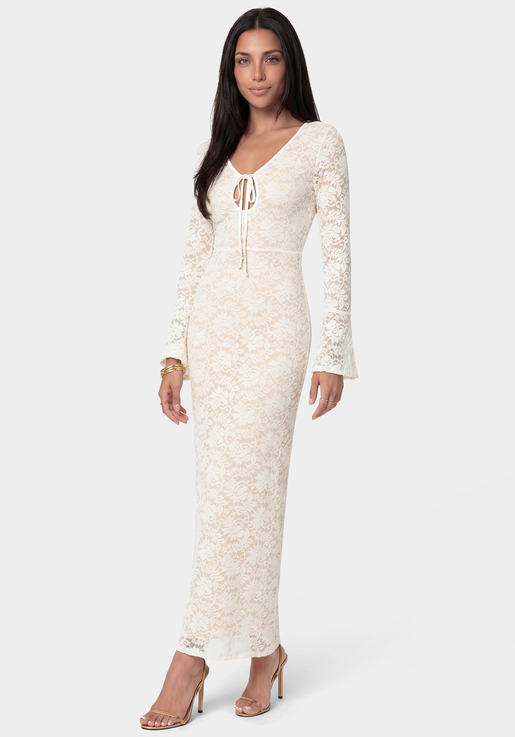 Bebe Women's Lace Keyhhole Long Sleeve Midi Dress, Size Medium in Nude White Spandex/Nylon