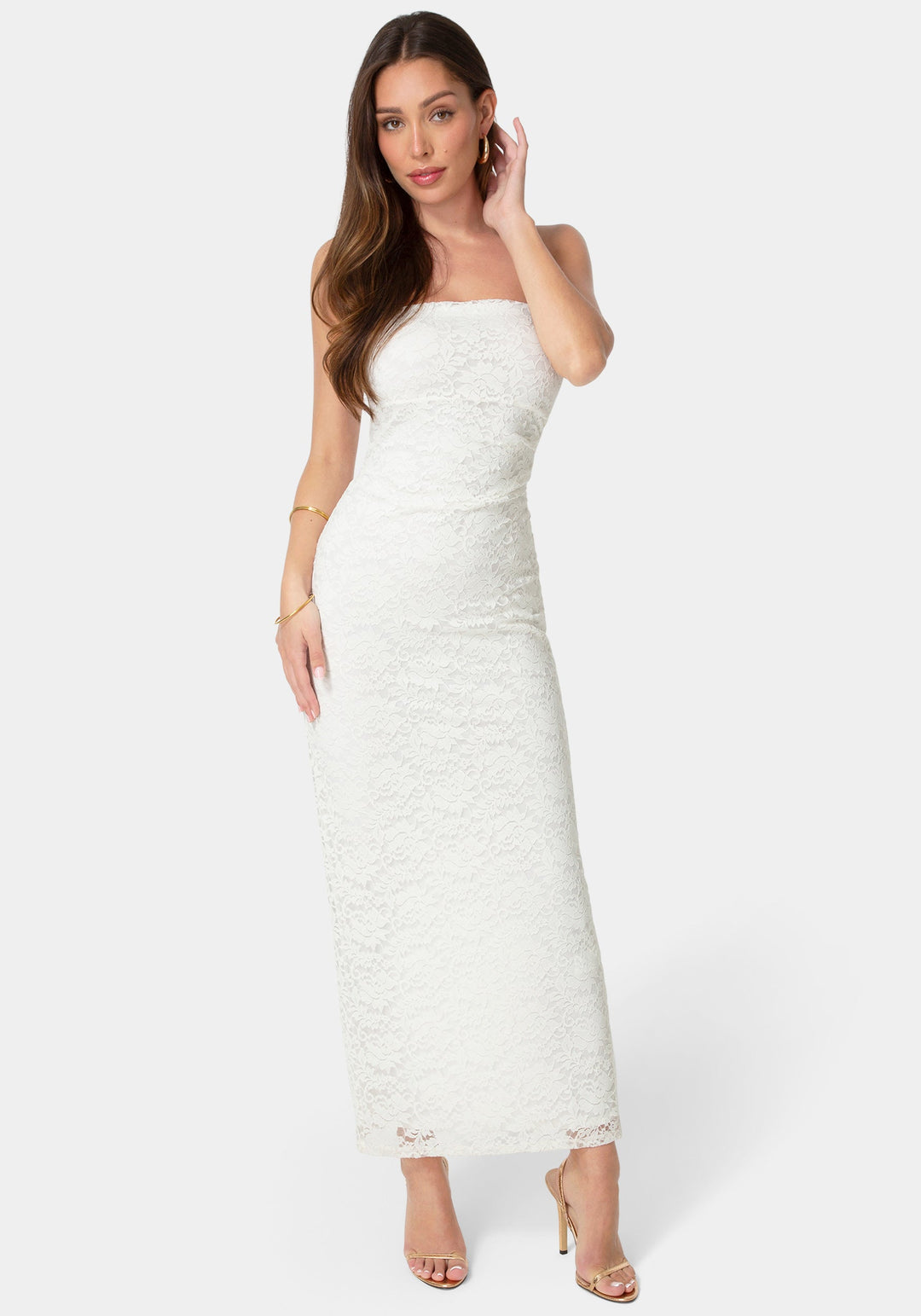 Lace Strapless Tube Maxi Dress bebe Lace Strapless Tube Maxi Dress bebe