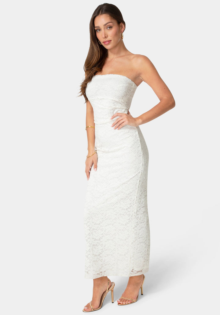 Side View-Lace Strapless Tube Maxi Dress-Ivory