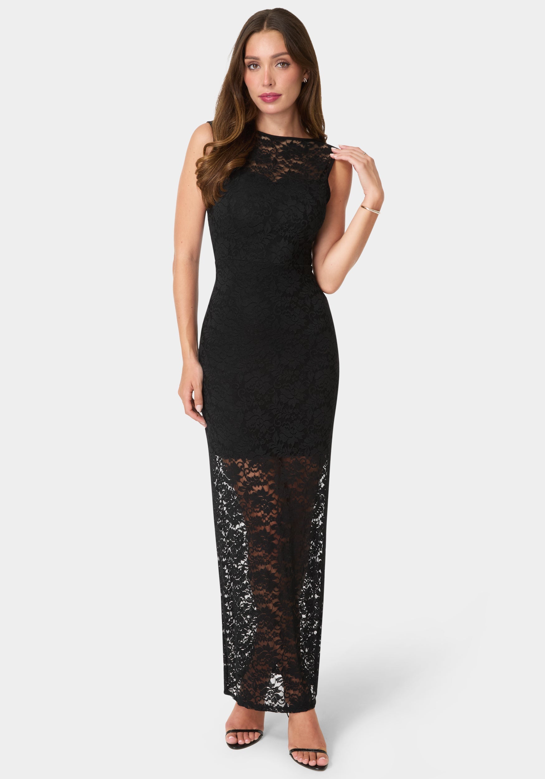 Front View-Lace Racer Sleeveless Maxi Dress-Black