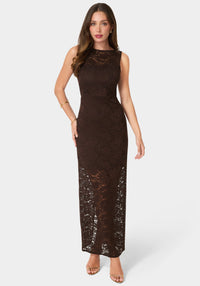 Front View-Lace Racer Sleeveless Maxi Dress-Chocolate