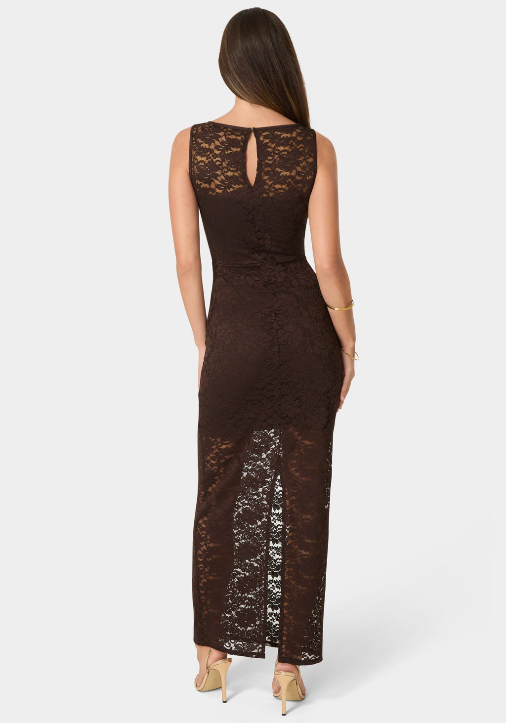 Back View-Lace Racer Sleeveless Maxi Dress-Chocolate