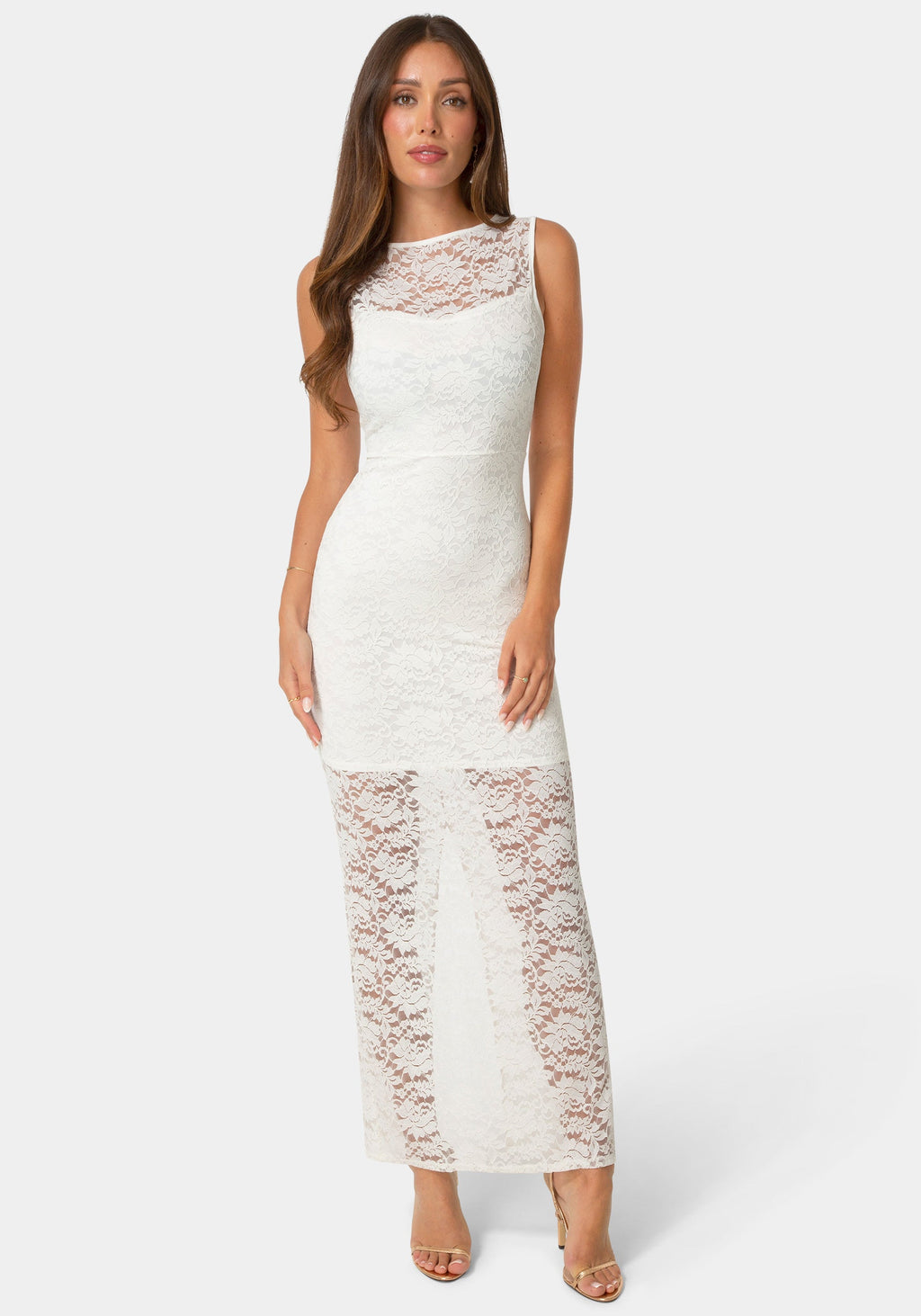 Front View-Lace Racer Sleeveless Maxi Dress-Ivory