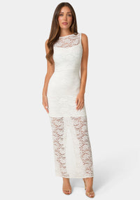 Front View-Lace Racer Sleeveless Maxi Dress-Ivory