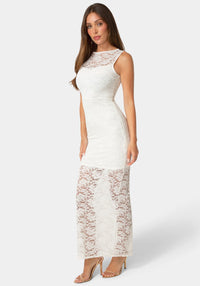 Side View-Lace Racer Sleeveless Maxi Dress-Ivory