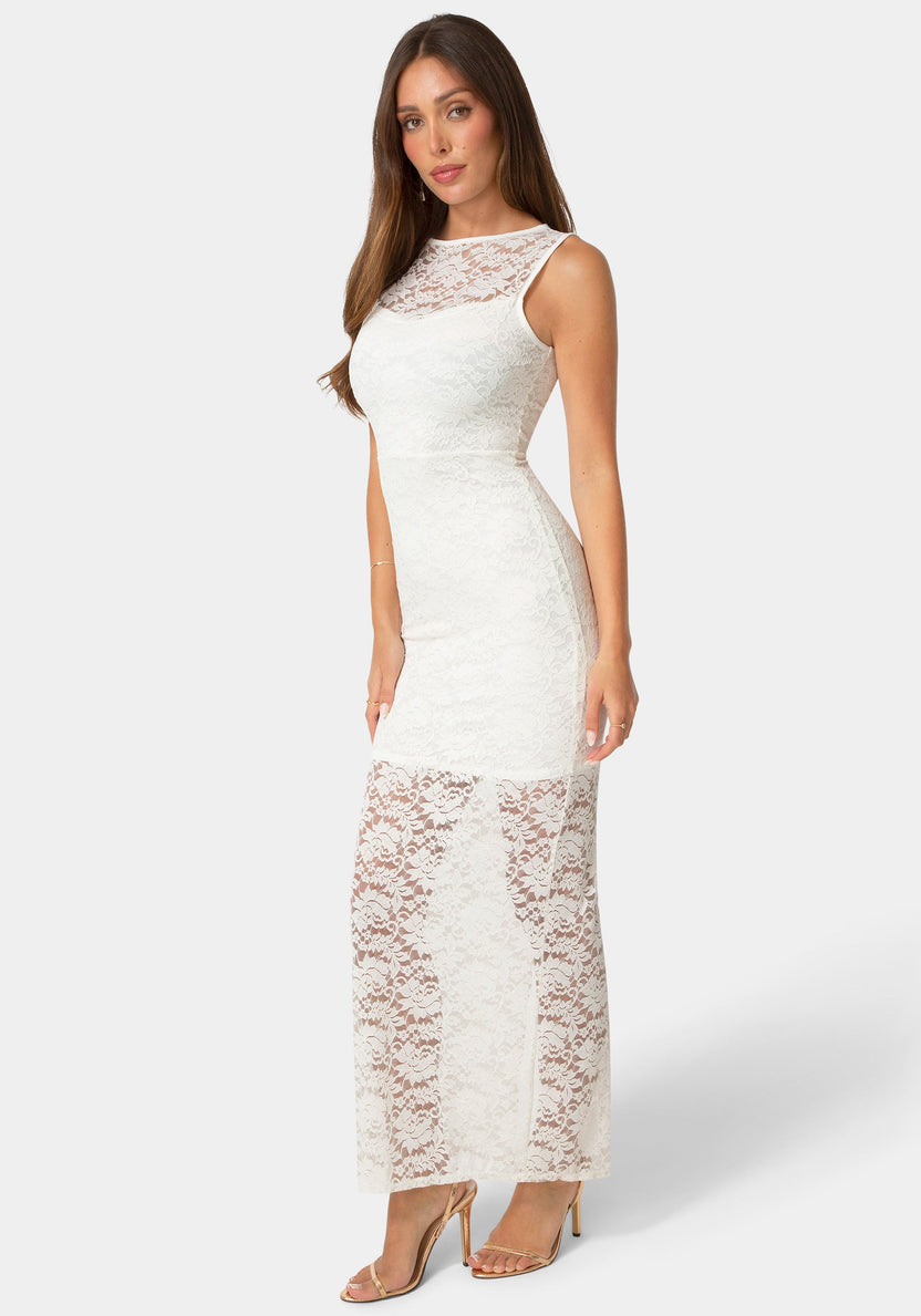 Side View-Lace Racer Sleeveless Maxi Dress-Ivory