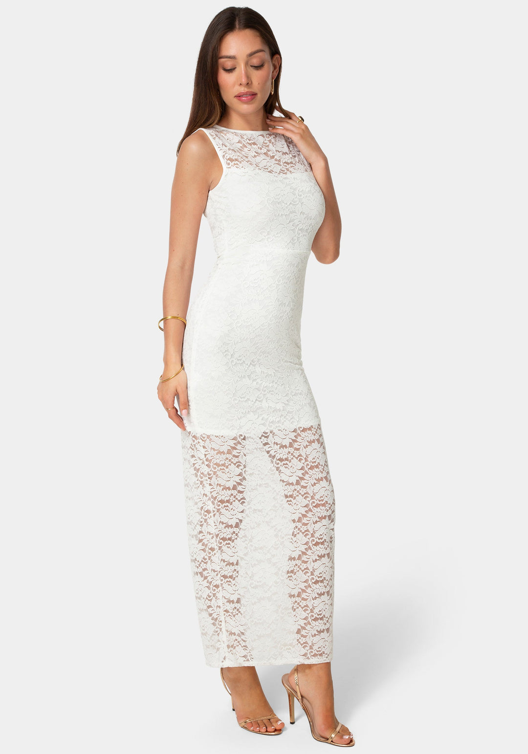 Side View-Lace Racer Sleeveless Maxi Dress-Ivory