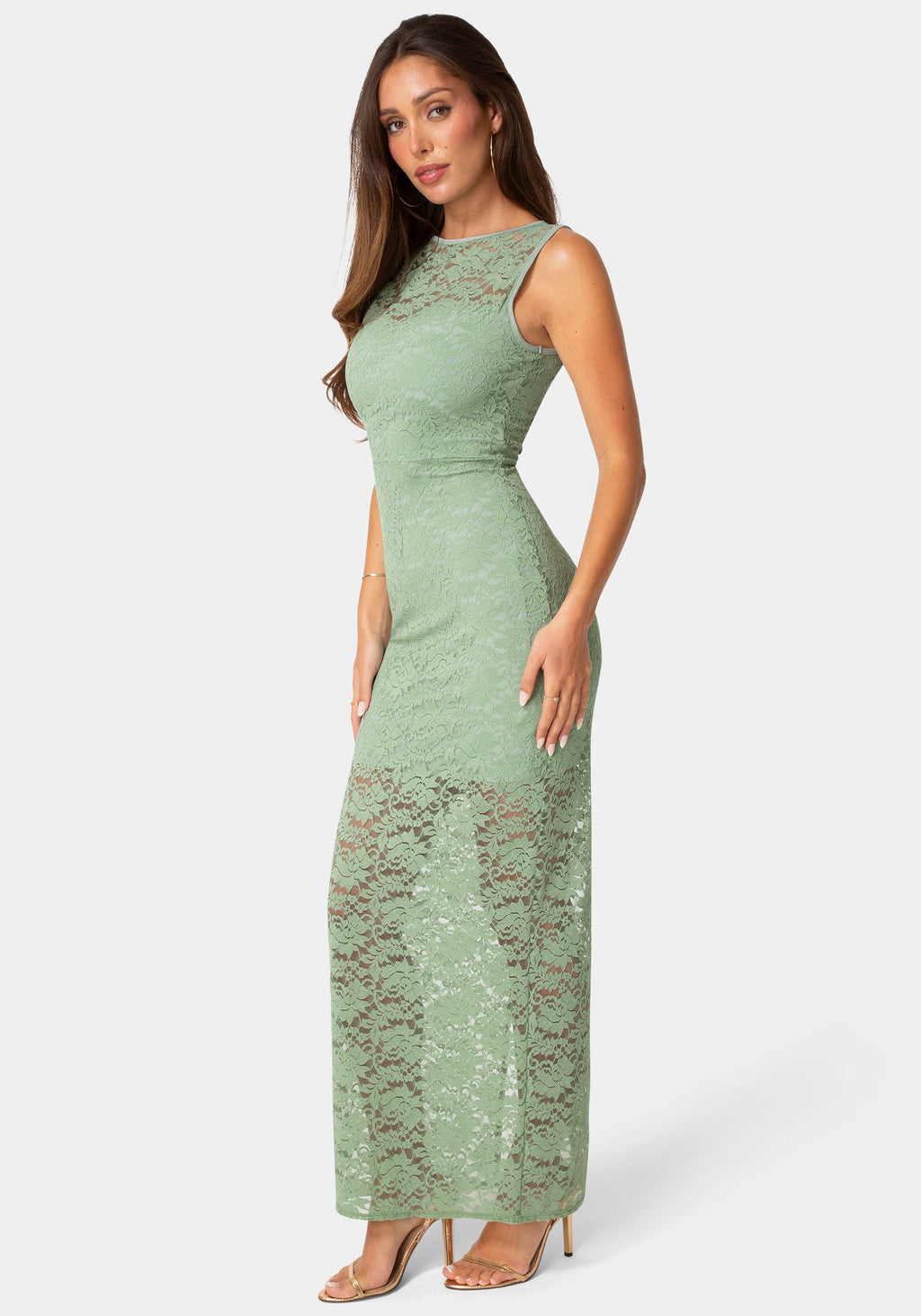Side View-Lace Racer Sleeveless Maxi Dress-Sage