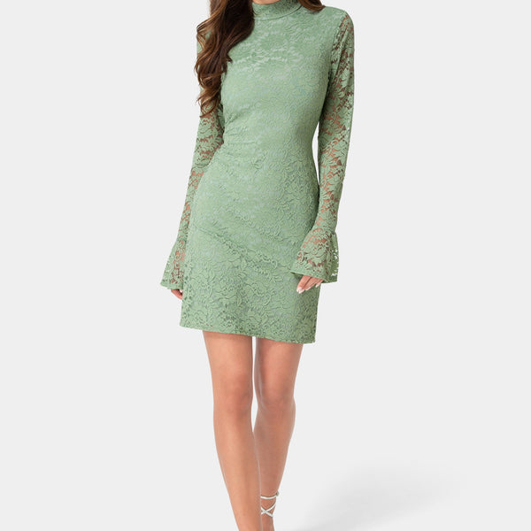 Front View-Lace Bell Sleeve Slim Dress-Sage