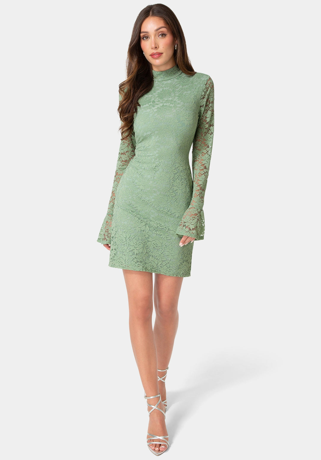 Front View-Lace Bell Sleeve Slim Dress-Sage