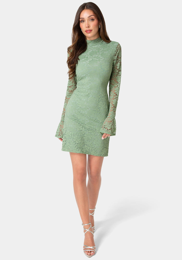 Front View-Lace Bell Sleeve Slim Dress-Sage