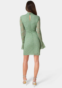 Back View-Lace Bell Sleeve Slim Dress-Sage