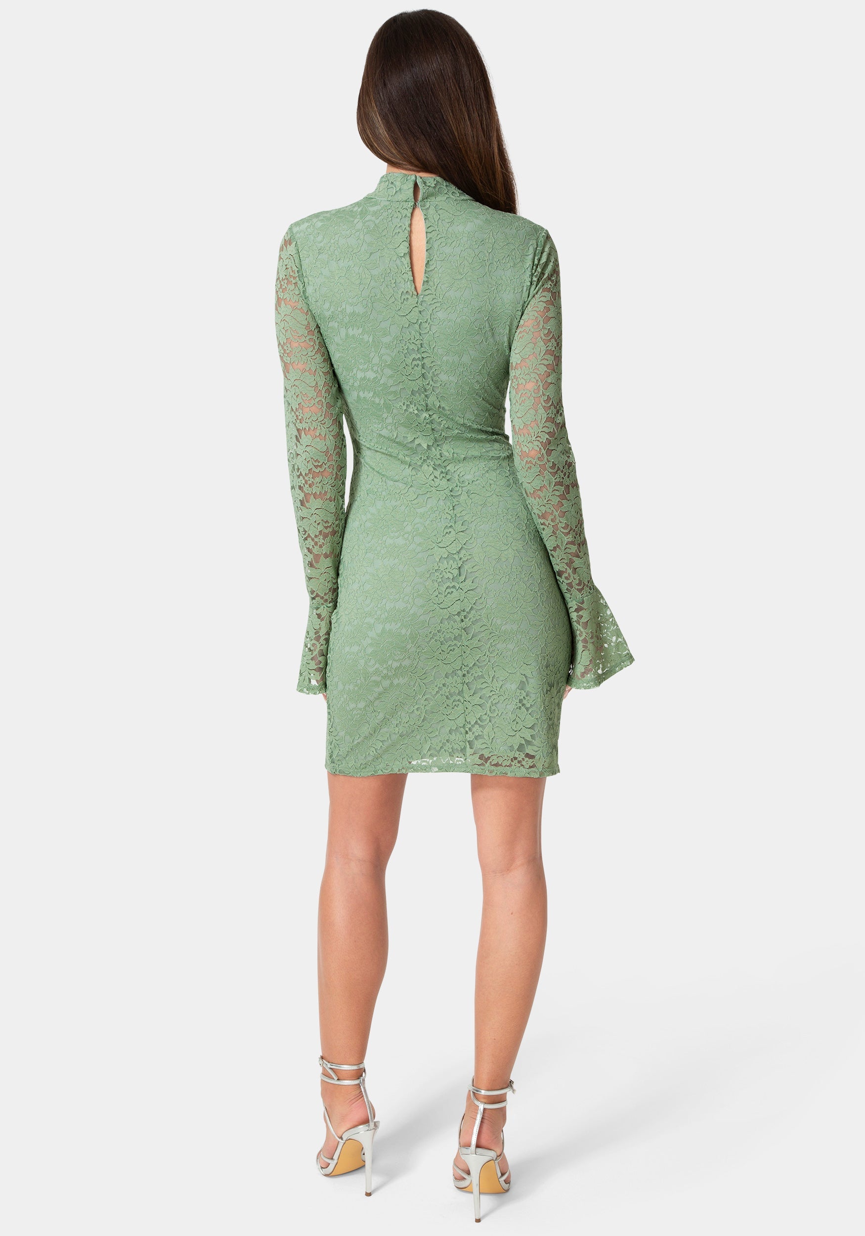 Back View-Lace Bell Sleeve Slim Dress-Sage