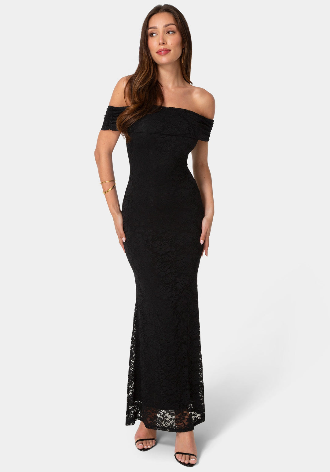 Front View-Lace Off Shoulder Maxi Dress-Black