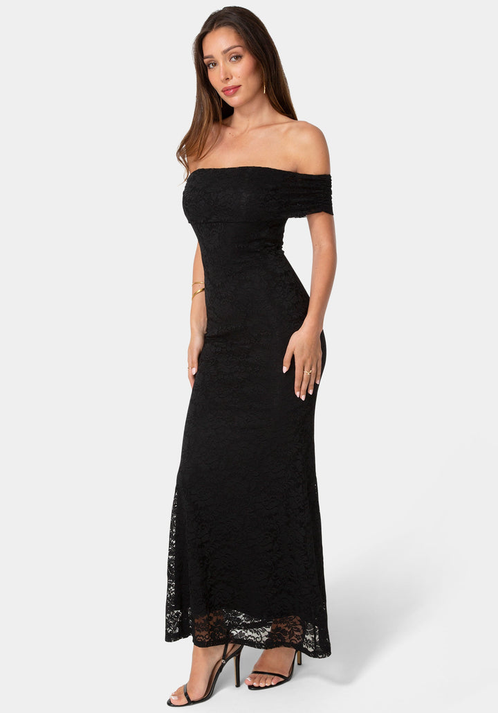 Side View-Lace Off Shoulder Maxi Dress-Black